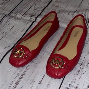 Michael Kors Red Leather Flats with Gold Logo